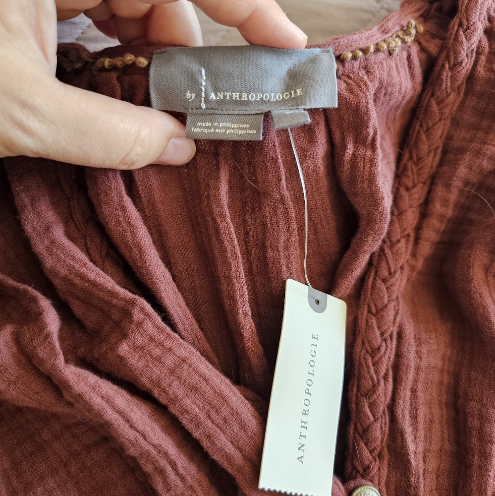 Anthropologie Rust-Brown V-Neck Button Front Tunic Top - Picture 4 of 11